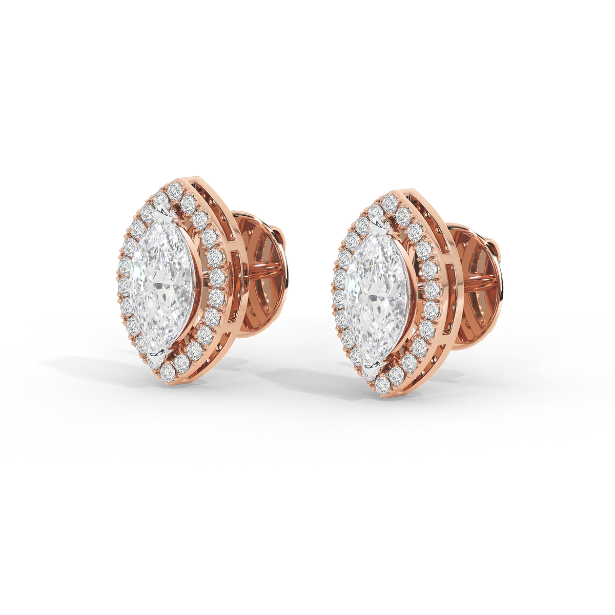 Rose gold vermeil marquise lab diamond stud earrings with halo and faceted stones