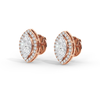 Rose gold vermeil marquise lab diamond stud earrings with halo and faceted stones