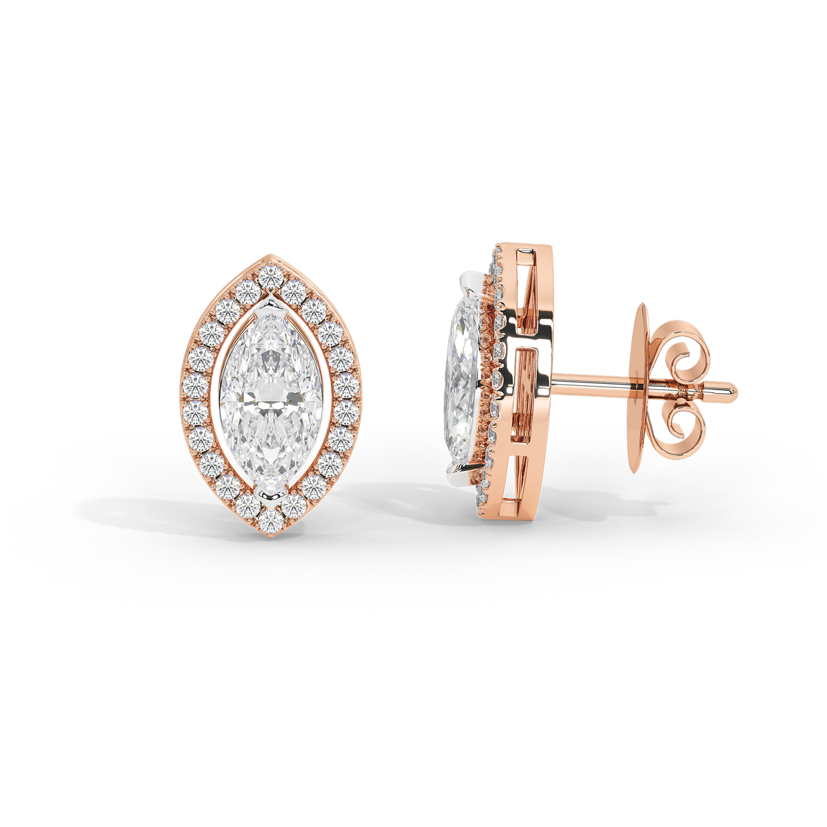 Rose gold vermeil marquise lab diamond stud earrings, halo design, side view with post
