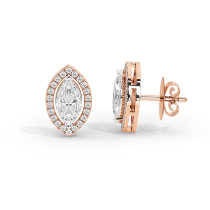 Rose gold vermeil marquise lab diamond stud earrings, halo design, side view with post