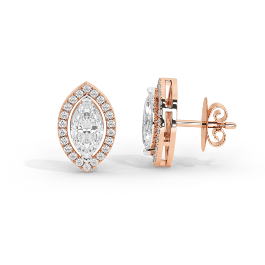 Rose gold vermeil marquise lab diamond stud earrings, halo design, side view with post