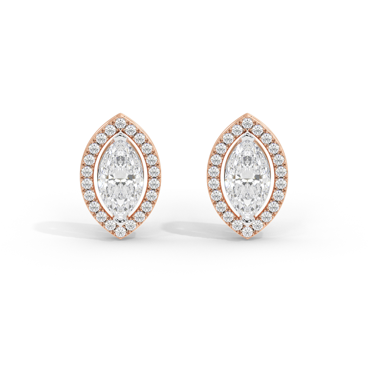 Rose gold vermeil marquise lab diamond stud earrings with halo and bright center stones