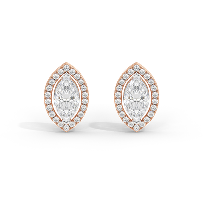 Rose gold vermeil marquise lab diamond stud earrings with halo and bright center stones