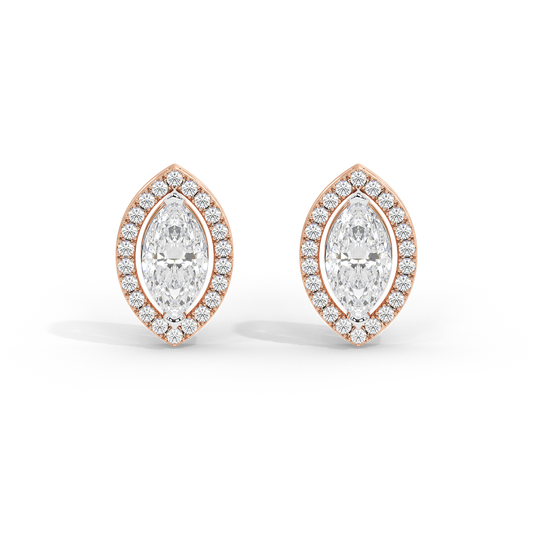 Rose gold vermeil marquise lab diamond stud earrings with halo and bright center stones