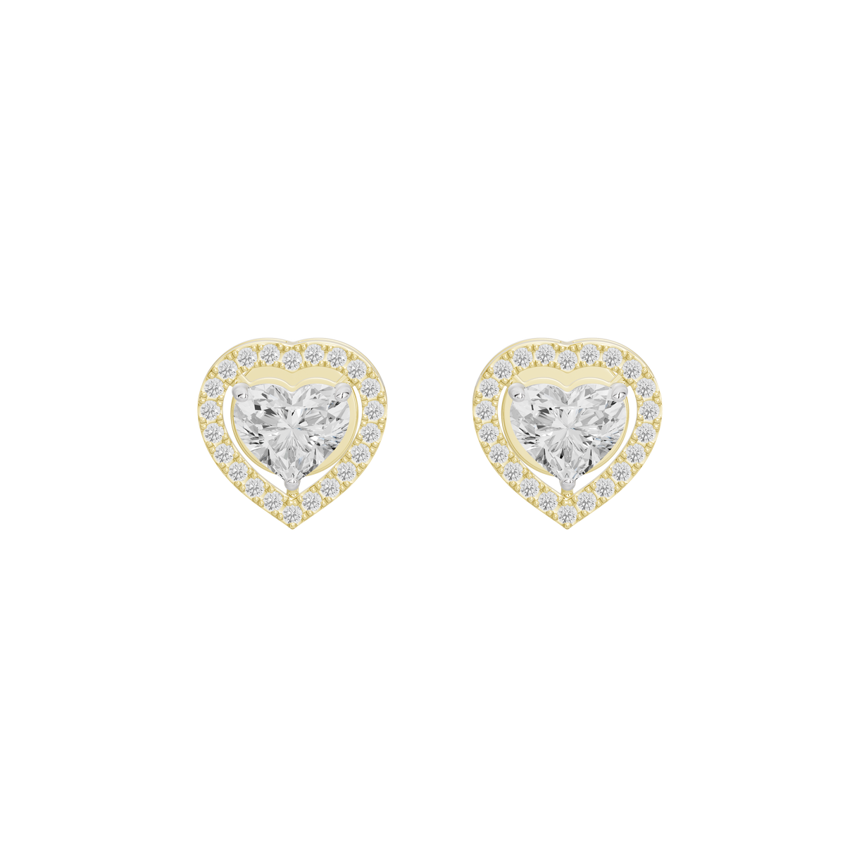 Heart-shaped lab diamond stud earrings with detailed heart center and stone halo