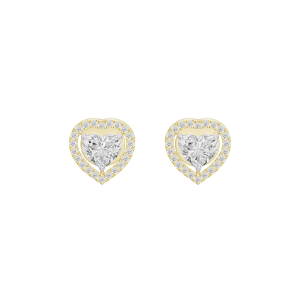 Heart-shaped lab diamond stud earrings with detailed heart center and stone halo