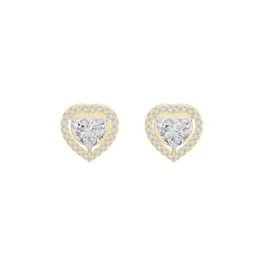 Heart-shaped lab diamond stud earrings with detailed heart center and stone halo