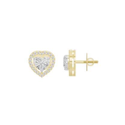 Heart-shaped lab diamond stud earrings, side view with yellow gold vermeil posts