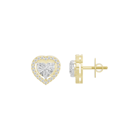 Heart-shaped lab diamond stud earrings, side view with yellow gold vermeil posts