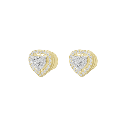 Heart-shaped lab diamond stud earrings, yellow gold vermeil with clear stone halo