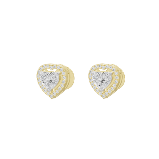 Heart-shaped lab diamond stud earrings, yellow gold vermeil with clear stone halo