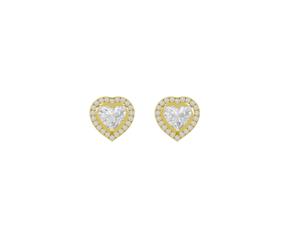 Heart-shaped lab diamond stud earrings with yellow gold vermeil border