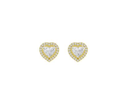 Heart-shaped lab diamond stud earrings with yellow gold vermeil border