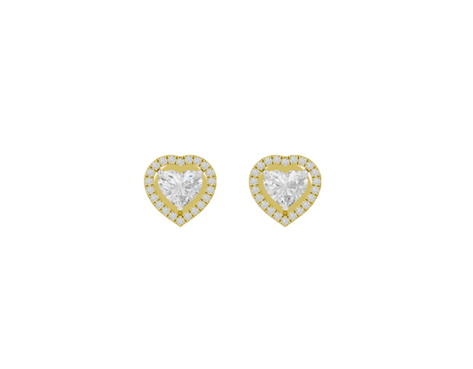 Heart-shaped lab diamond stud earrings with yellow gold vermeil border