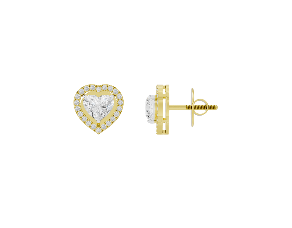 Heart-shaped lab diamond stud earrings with butterfly back, yellow gold vermeil