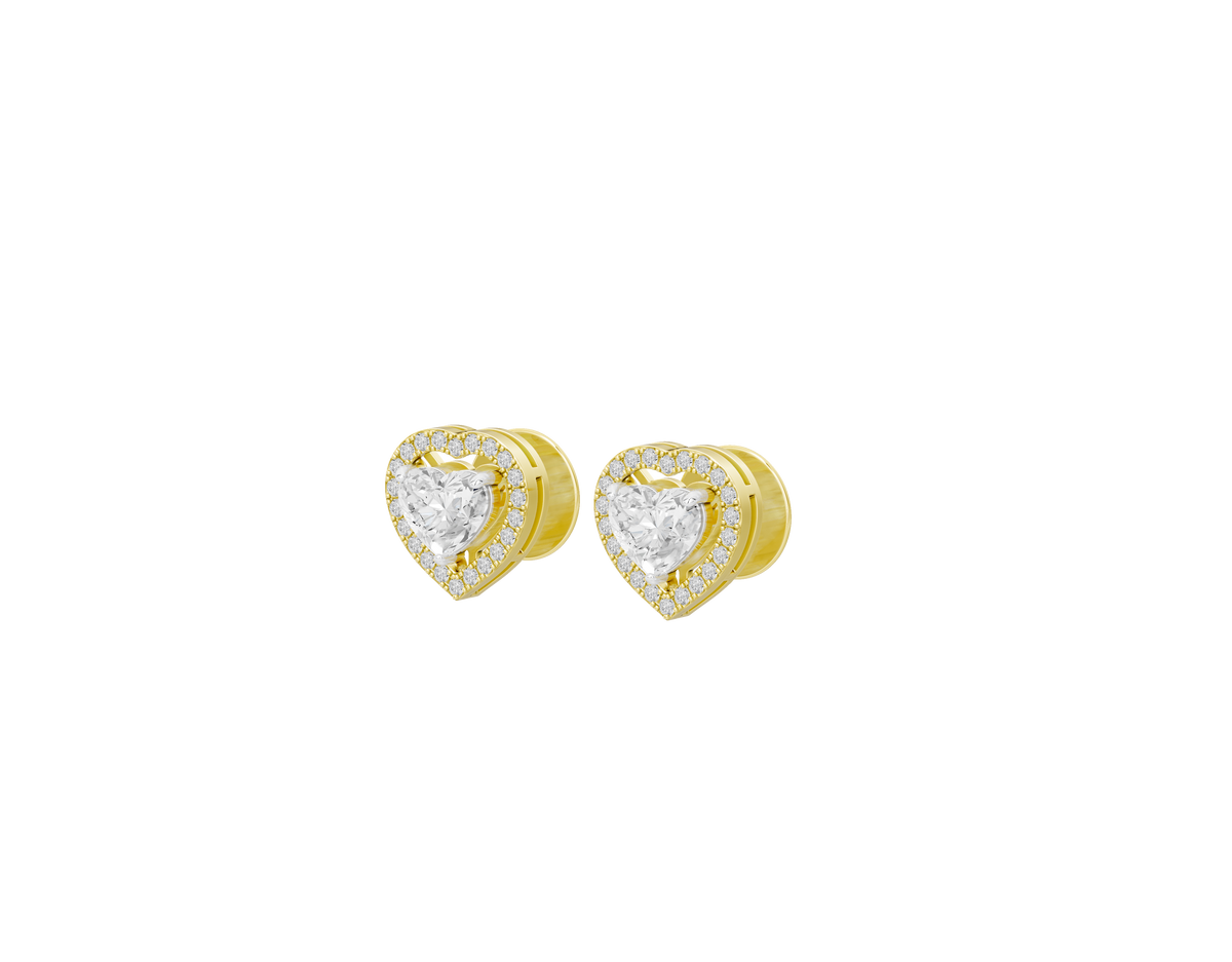 Heart-shaped lab diamond stud earrings, yellow gold vermeil halo