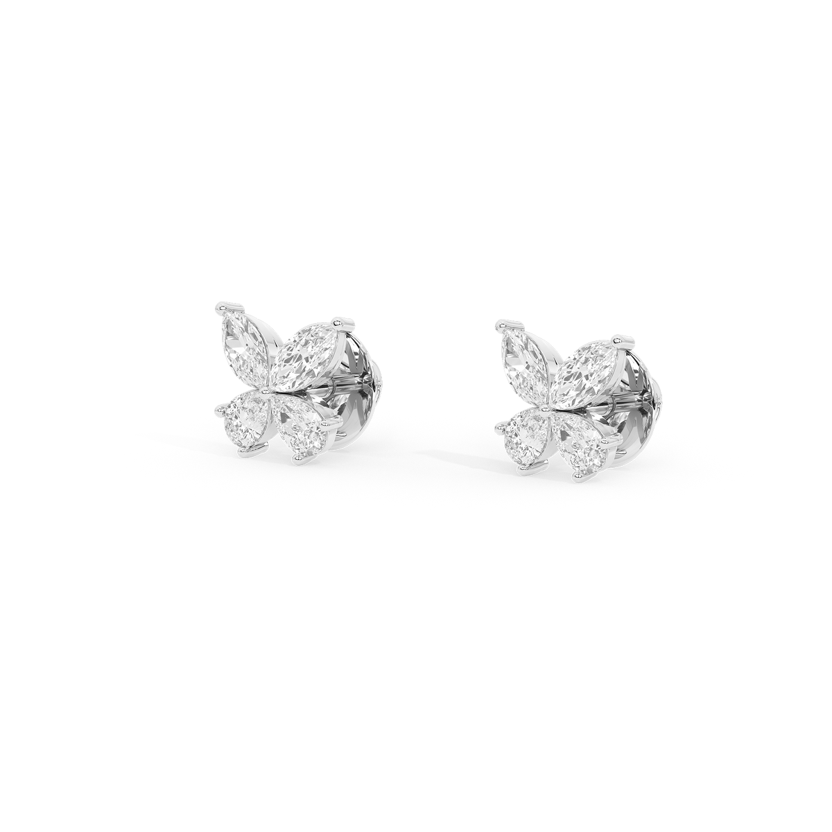 925 sterling silver lab diamond butterfly stud earrings, angled view, four diamond pieces
