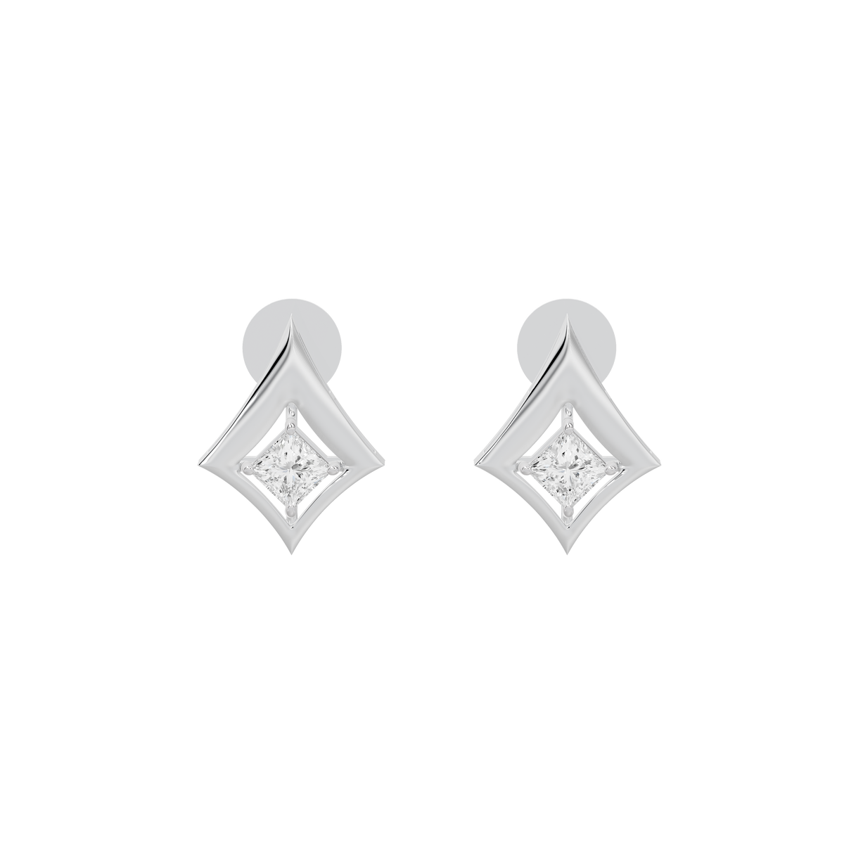 Sterling silver lab diamond stud earrings with kite-shaped frames and prong settings
