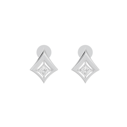 Sterling silver lab diamond stud earrings with kite-shaped frames and prong settings
