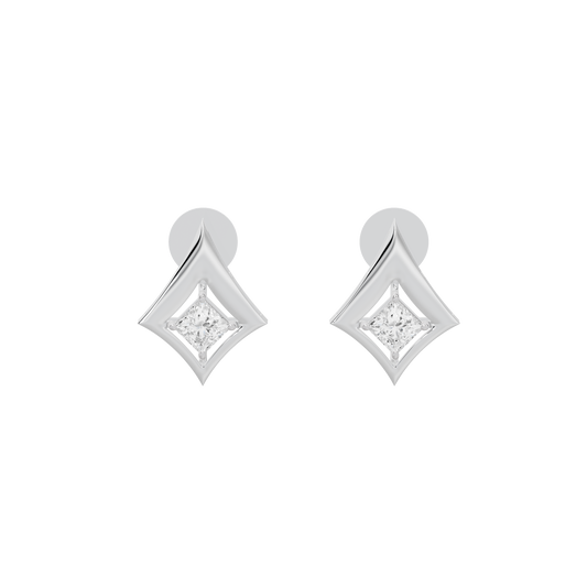 Sterling silver lab diamond stud earrings with kite-shaped frames and prong settings