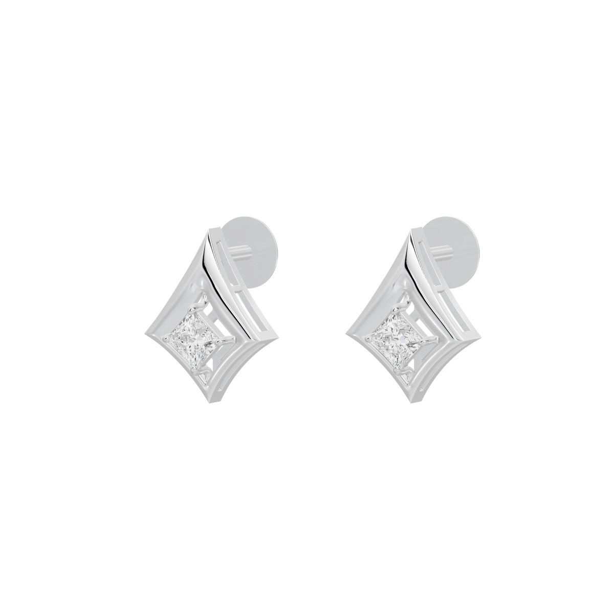 Sterling silver lab diamond stud earrings from the side, showing round back and kite front