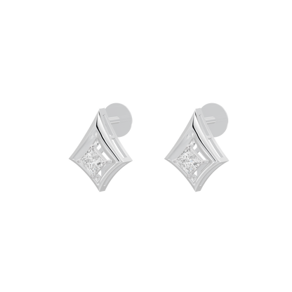 Sterling silver lab diamond stud earrings from the side, showing round back and kite front