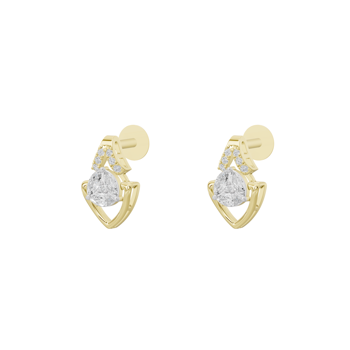 Yellow gold vermeil diamond earrings, showing circular stud post and teardrop dangle