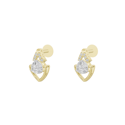 Yellow gold vermeil diamond earrings, showing circular stud post and teardrop dangle