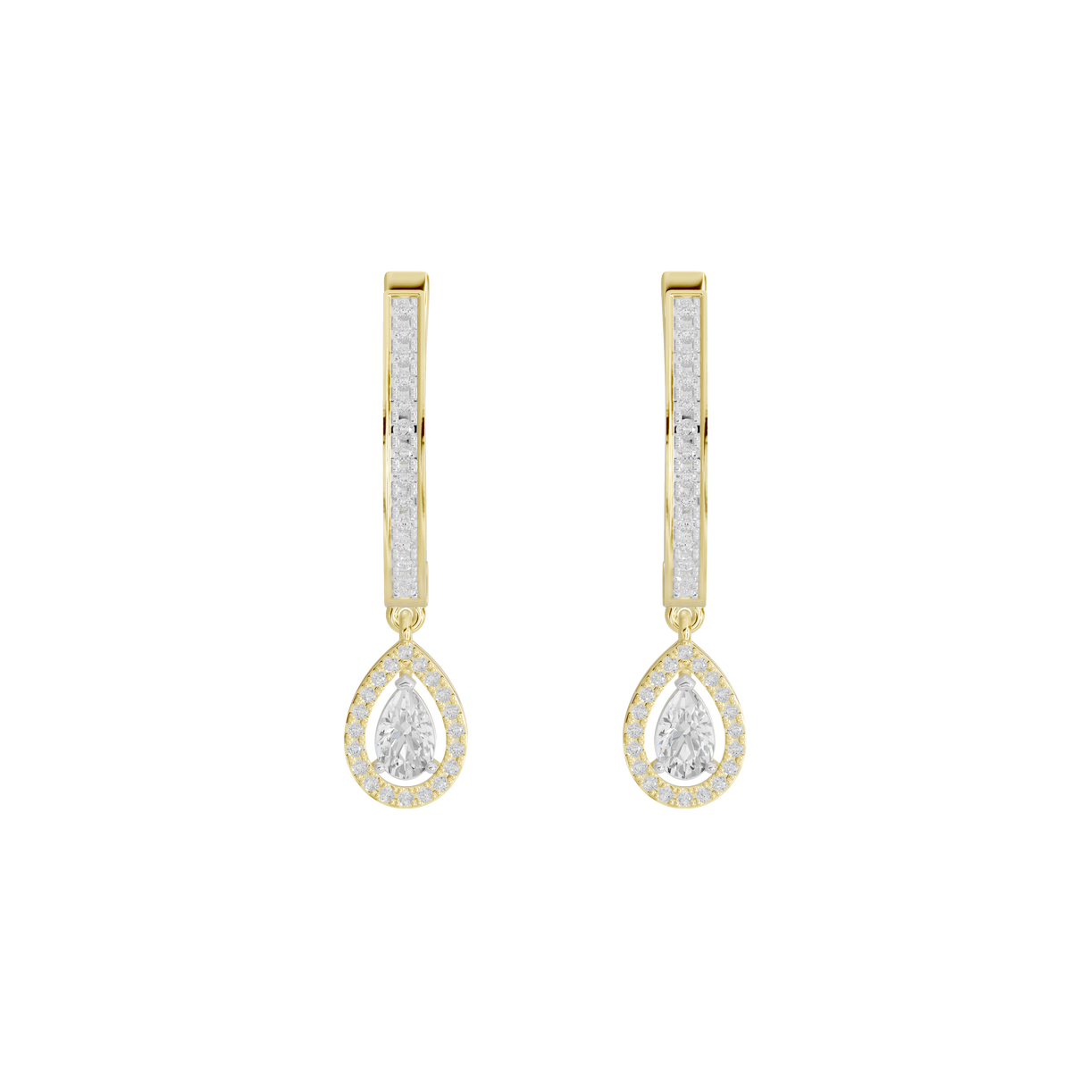 Yellow gold vermeil lab diamond earrings with vertical bar and teardrop dangles