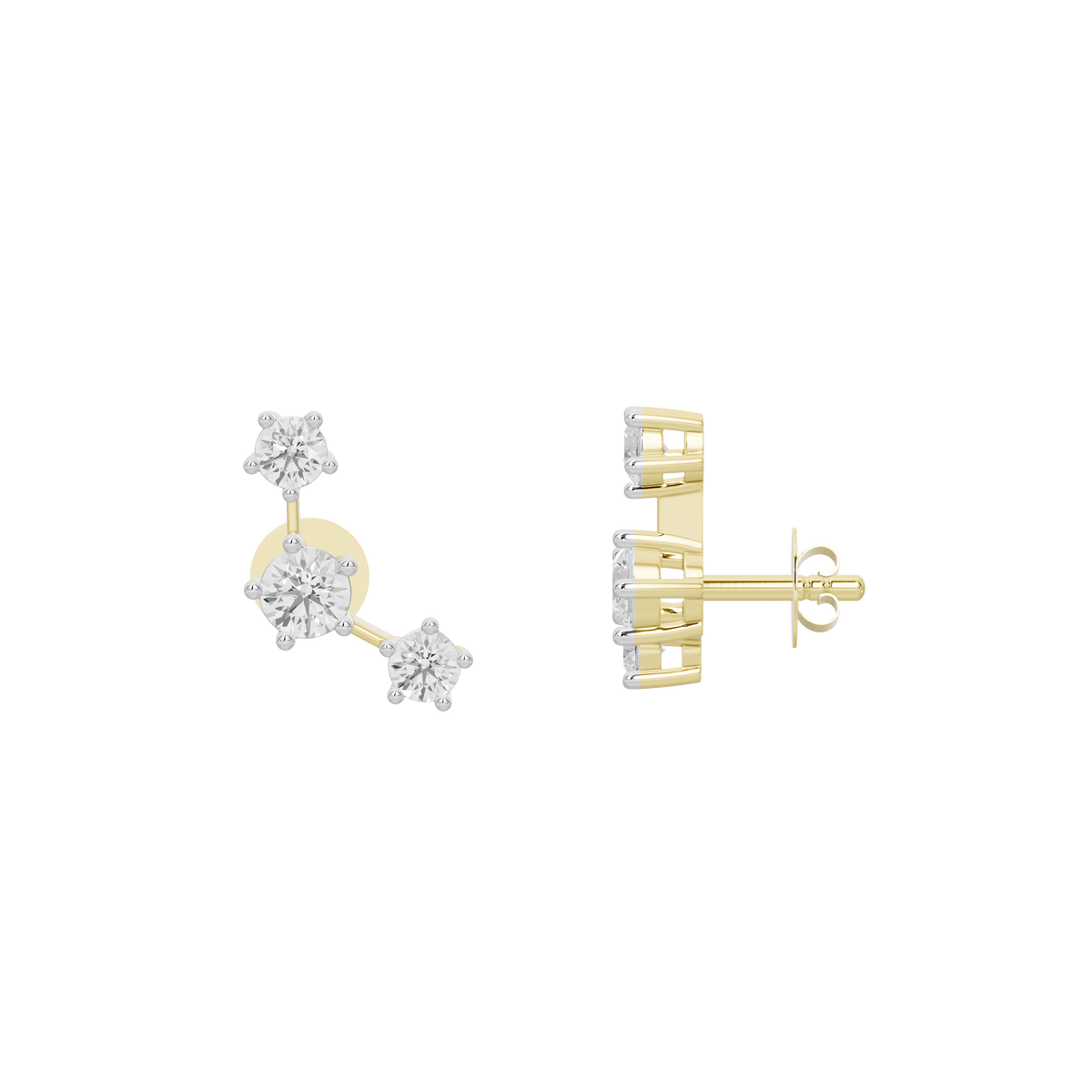 Yellow gold vermeil lab diamond cluster earrings, side view with backing and round stones