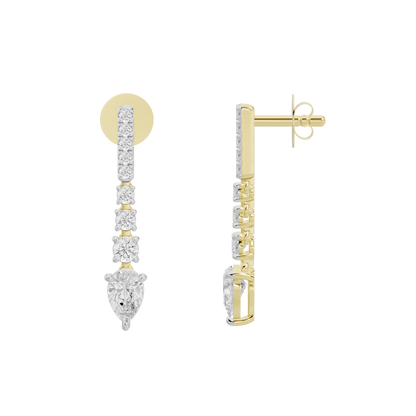 Yellow gold vermeil lab-grown diamond earrings, side view, prong-set pear drop stones