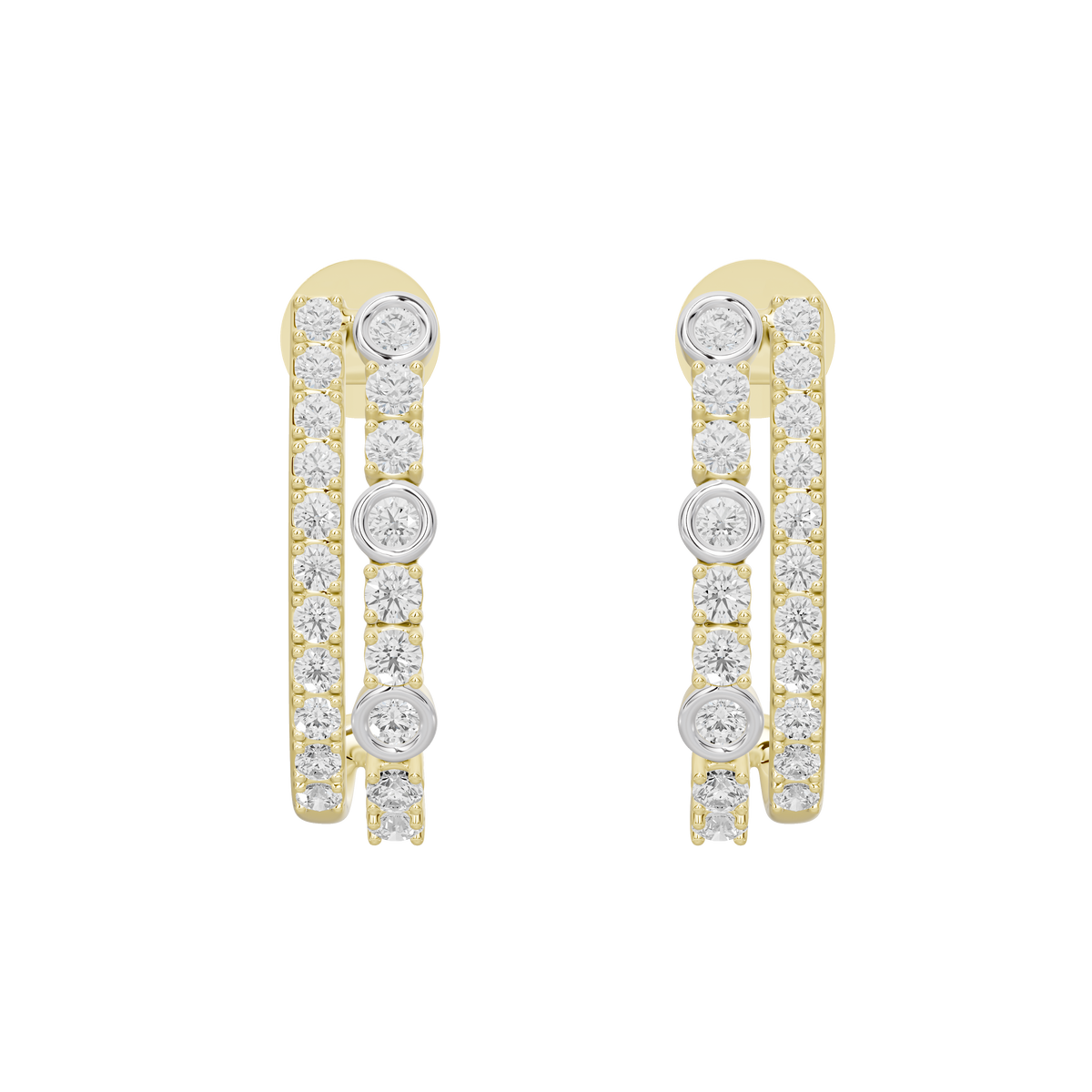 Yellow gold vermeil hoop earrings with alternating round lab diamonds and silver details