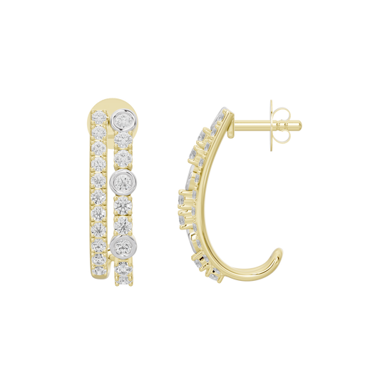 Yellow gold vermeil lab diamond hoop earrings with hinged clasp, side view