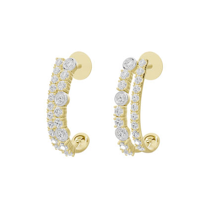 Yellow gold vermeil and silver round lab diamond hoop earrings, angled view