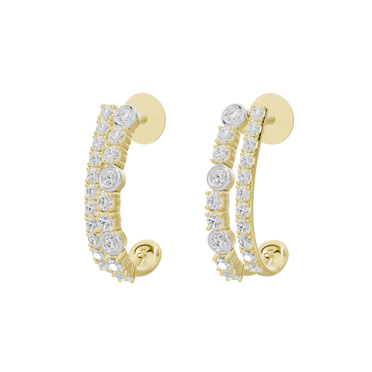 Yellow gold vermeil and silver round lab diamond hoop earrings, angled view
