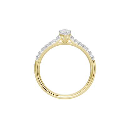 Yellow gold vermeil diamond ring, close-up of prong-set teardrop center