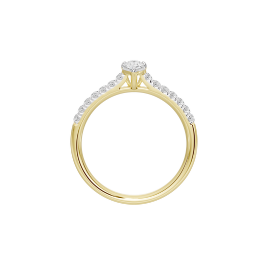 Yellow gold vermeil diamond ring, close-up of prong-set teardrop center