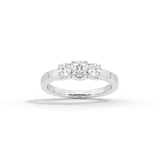 Three-stone lab diamond ring, 925 sterling silver; three round lab diamonds across top