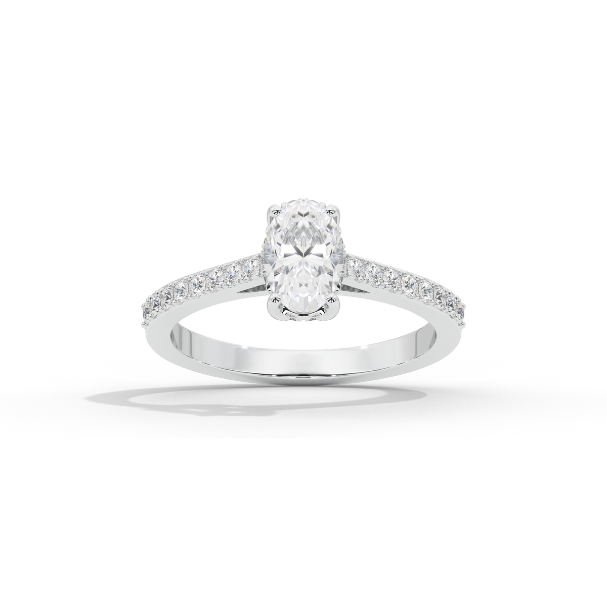 Oval lab diamond ring with pave shoulders and oval center stone, 925 sterling silver