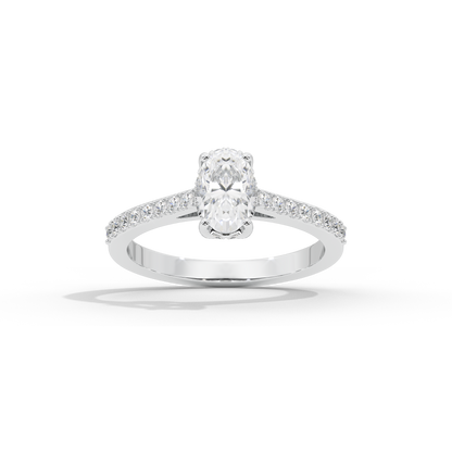 Oval lab diamond ring with pave shoulders and oval center stone, 925 sterling silver