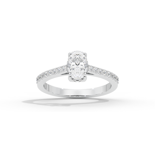 Oval lab diamond ring with pave shoulders and oval center stone, 925 sterling silver