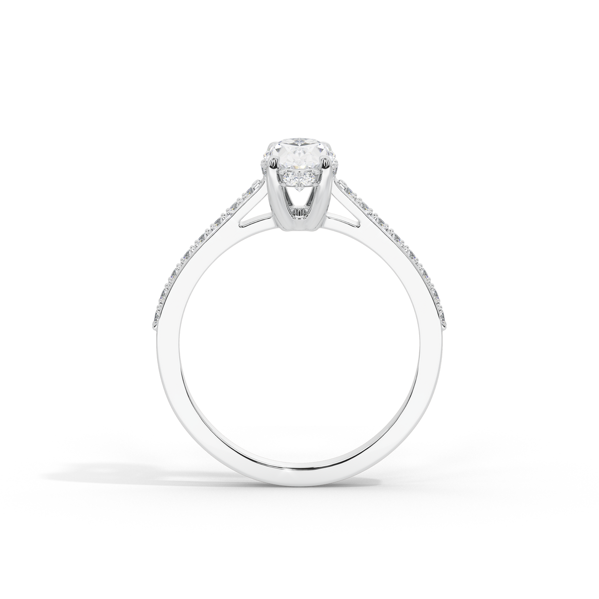Oval lab diamond ring top view: oval center stone with pave set band, sterling silver