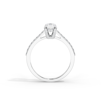 Oval lab diamond ring top view: oval center stone with pave set band, sterling silver