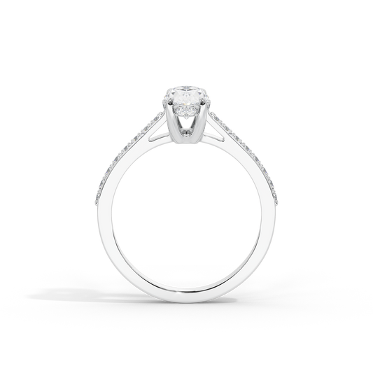 Oval lab diamond ring top view: oval center stone with pave set band, sterling silver