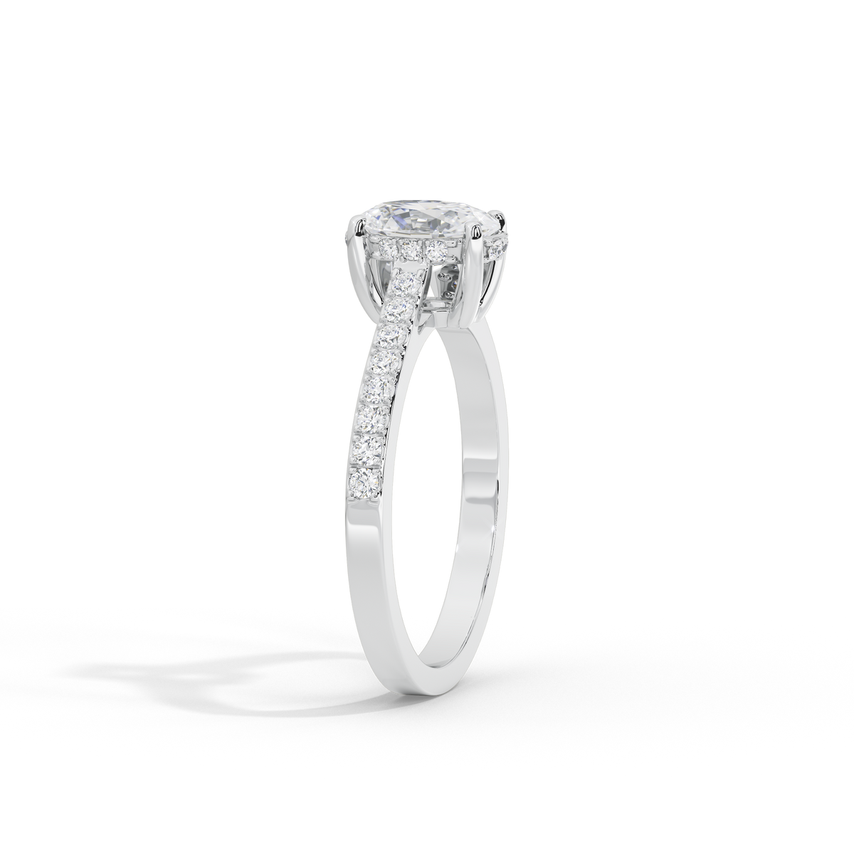 Oval lab diamond ring side view: oval center stone, pave band, 925 sterling silver