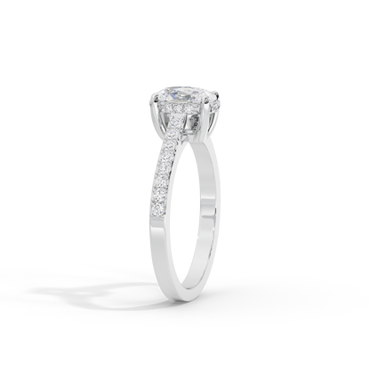 Oval lab diamond ring side view: oval center stone, pave band, 925 sterling silver