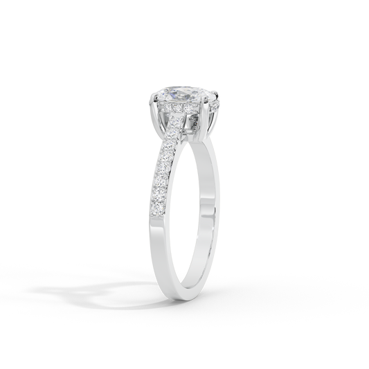 Oval lab diamond ring side view: oval center stone, pave band, 925 sterling silver