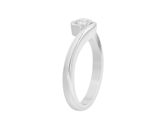 Sterling silver ring side view with a round lab-grown diamond on top
