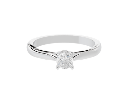 Sterling silver lab diamond solitaire ring with round center stone and split shoulders.