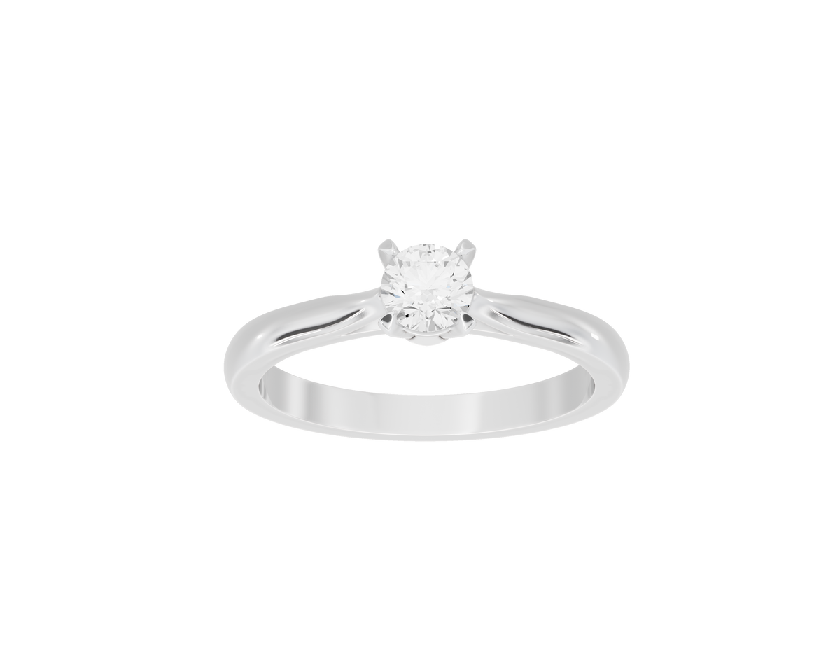 Sterling silver lab diamond solitaire ring with round center stone on polished band.